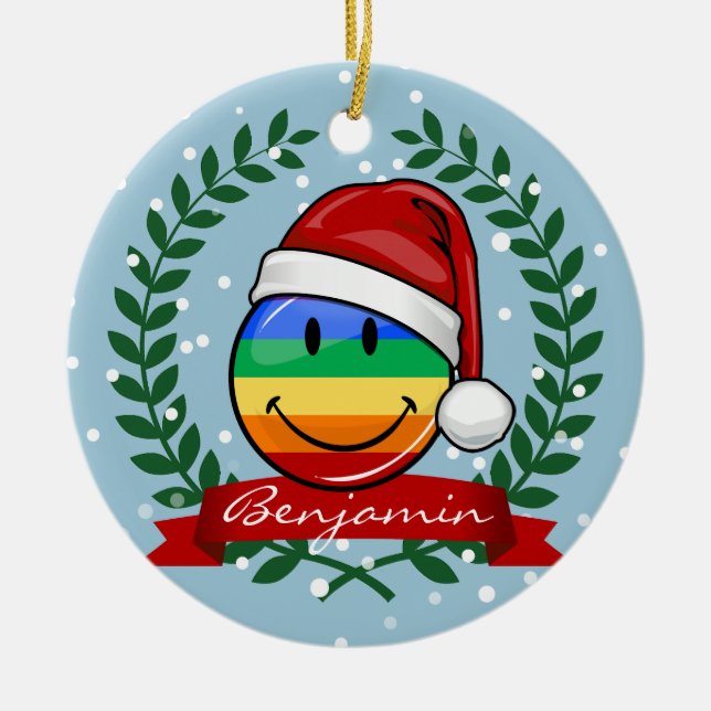Jolly Gay Pride Flag Christmas Style Ceramic Tree Decoration (Front)