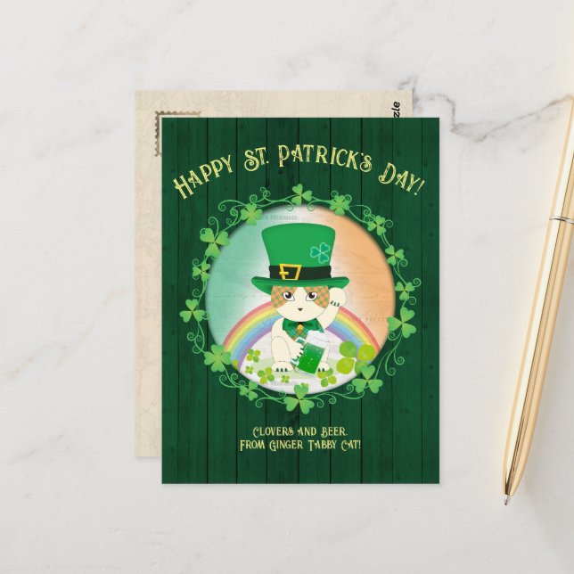 Jolly Ginger Tabby Irish Cheer Postcard (Front/Back In Situ)