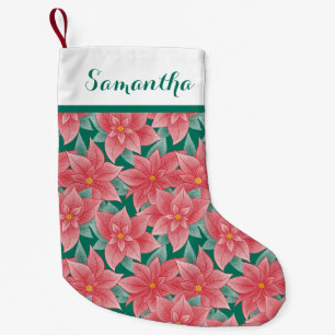 Jolly Green And Red Poinsettia Personalised Name Small Christmas Stocking