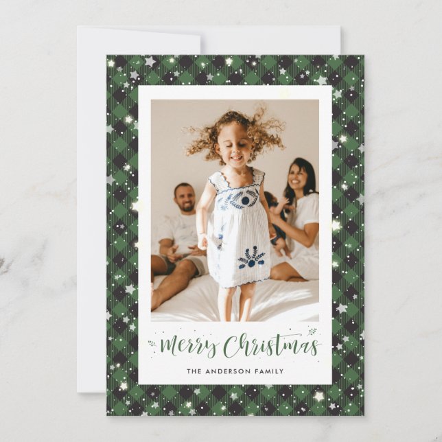 Jolly Green Buffalo Plaid Photo Merry Christmas Holiday Card (Front)