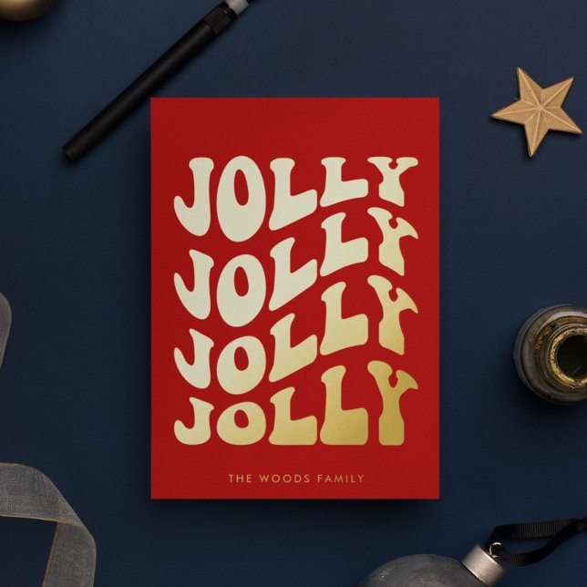 Jolly Groovy Wavy Red Christmas Gold Foil Holiday Card (Creator Uploaded)