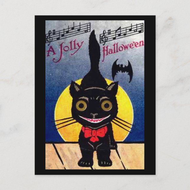 Jolly Halloween Cat and Bat Holiday Postcard (Front)