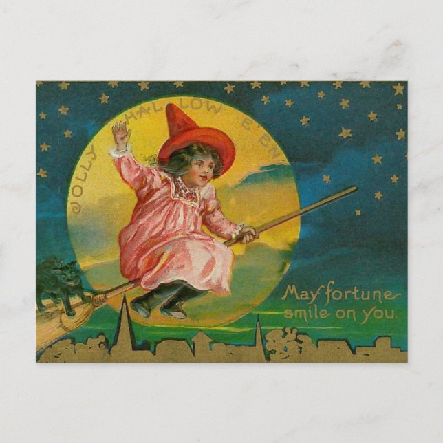 Jolly Halloween Vintage Witch Postcard (Front)