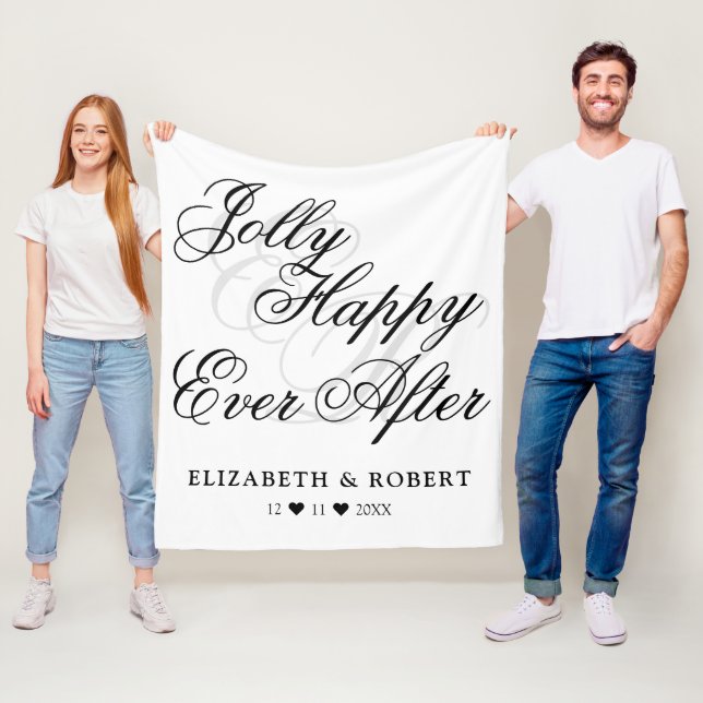 Jolly Happy Ever After White Minimalist Wedding Fleece Blanket (In Situ)