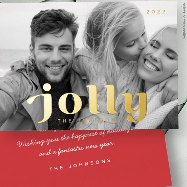 Jolly Happy Holidays Modern Simple Family Photo Foil Holiday Card (Creator Uploaded)