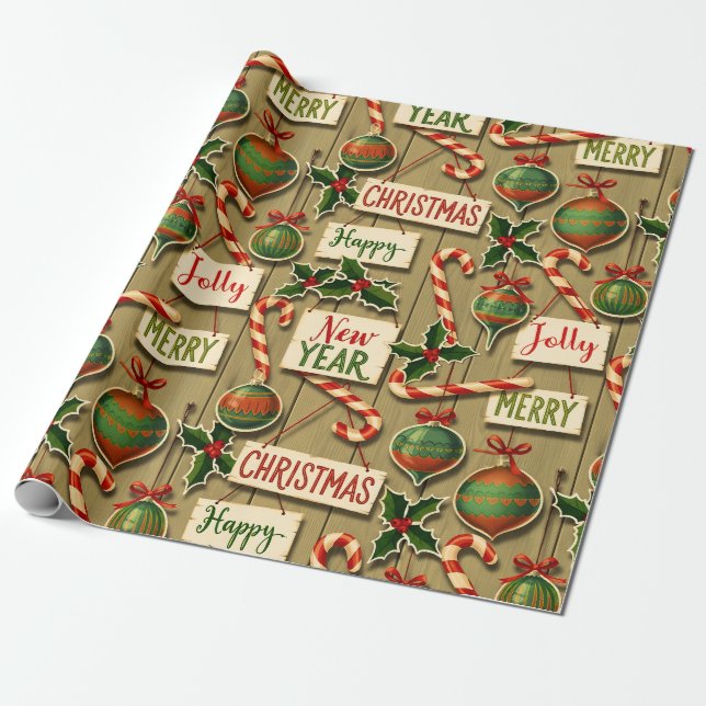 Jolly Holiday Jumble Sepia Tone Wrapping Paper (Unrolled)