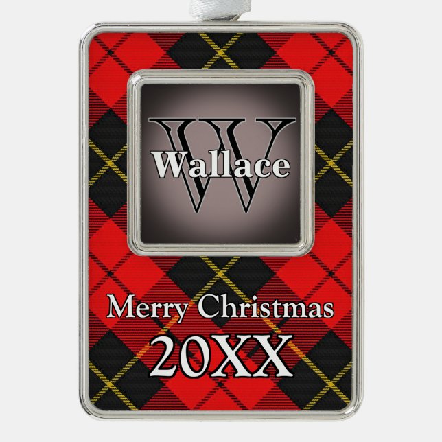 Jolly Holidays Clan Wallace Red and Black Tartan Silver Plated Framed Ornament (Front)