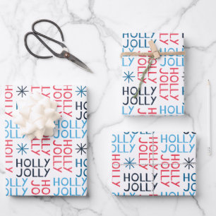 Jolly Holly Typography Red Blue White Wrapping Paper Sheet