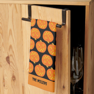 Jolly Jack O Lantern Pattern Cute Black Halloween Tea Towel