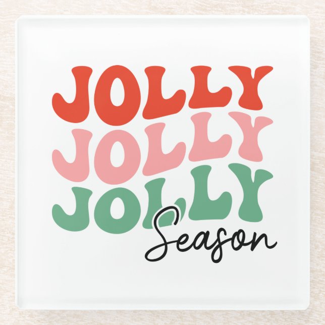 Jolly Jolly Jolly Season  Retro Holiday Typography Glass Coaster (Front)