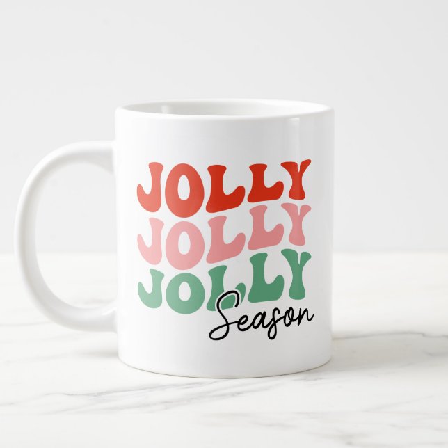 Jolly Jolly Jolly Season  Retro Holiday Typography Large Coffee Mug (Left)