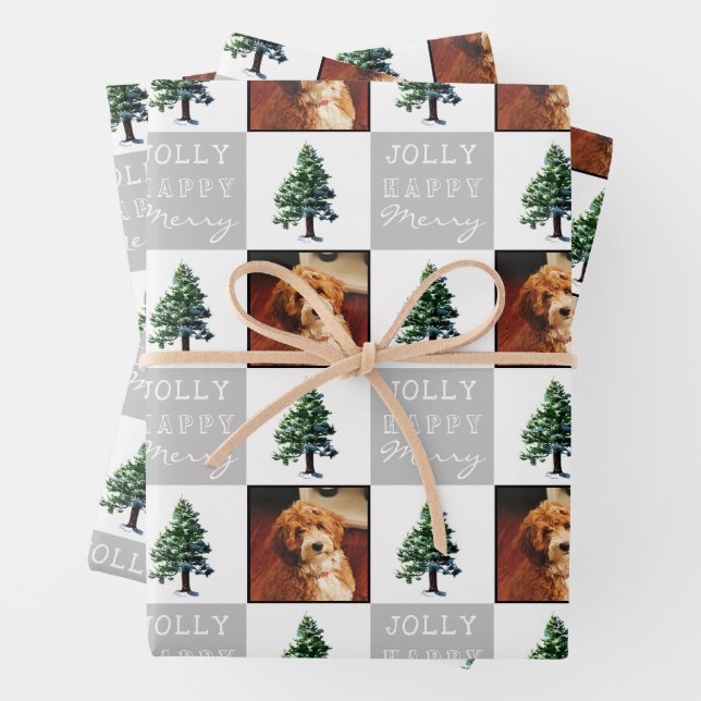 Jolly Merry Dog Pet Photo Tree Snow Christmas Wrapping Paper Sheet (In situ)