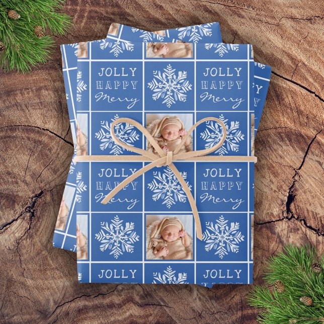 Jolly Merry Snowflake Photo Christmas Holiday Wrapping Paper Sheet (Creator Uploaded)
