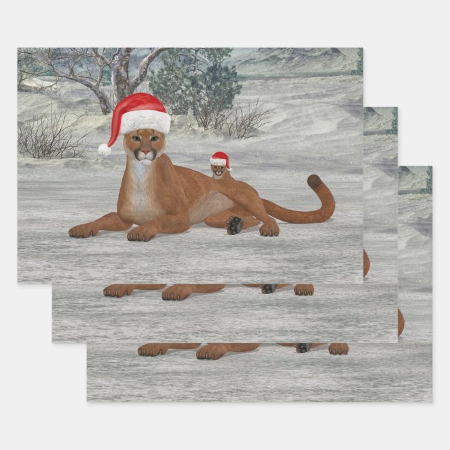 Jolly Mountain Lion With Cub Wrapping Paper Sheet (Set)