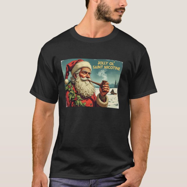 Jolly Ol Saint Nicotine Santa with Tobacco Pipe T-Shirt (Front)