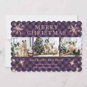 Jolly Purple Plaid Sparkly Snowflake Photo Collage Holiday Card