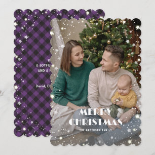 Jolly Purple Plaid Starry Photo Merry Christmas Holiday Card