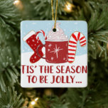 Jolly Red Blue Cocoa Candy Cane Stocking Christmas Ceramic Ornament<br><div class="desc">This cute and artsy Christmas holiday ornament is perfect to set the vibe for your seasonal event. It depicts red, white, pastel periwinkle blue, and blush pink hand-drawn hot cocoa, candy cane cookie, and stocking cookie illustrations on top of a bed of snow and falling snow. Also featured on this...</div>