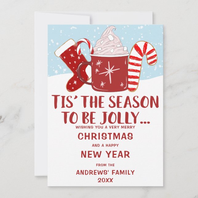 Jolly Red Blue Cocoa Candy Cane Stocking Christmas Holiday Card (Front)