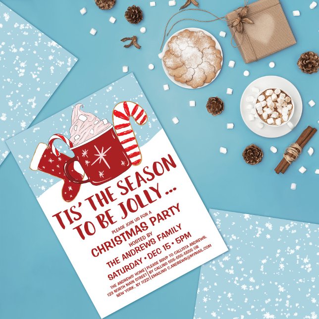 Jolly Red Blue Cocoa Candy Cane Stocking Christmas Invitation (Creator Uploaded)