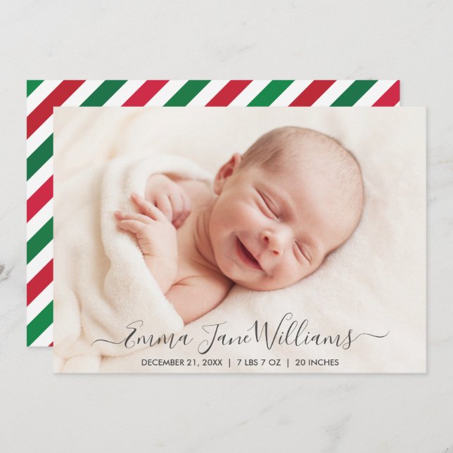 Jolly Red Green Striped Birth Announcement Photo (Front/Back)