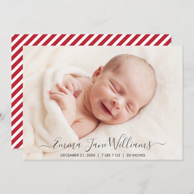 Jolly Red Stripes Birth Announcement Photo Card (Front/Back)