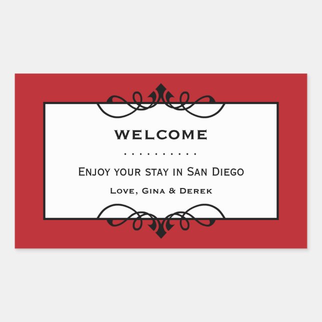 Jolly red wrought iron frame out of town gift bag rectangular sticker (Front)