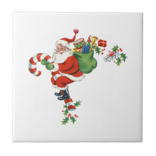 Jolly Retro Santa Riding Candy Cane Tile