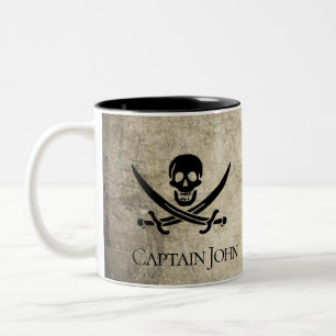 Jolly Roger and Name on Vintage Two-Tone Coffee Mug