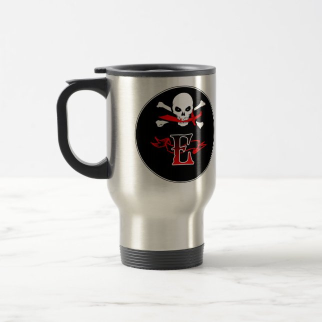 Jolly Roger E Monogram Initial Travel Mug (Left)