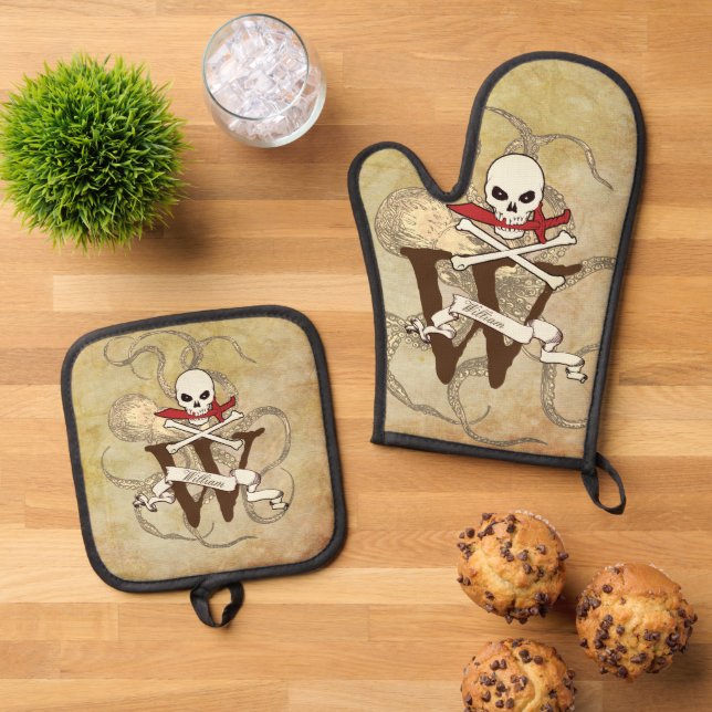 Jolly Roger Monogram Initial  Oven Mitt & Pot Holder Set (Top Down)