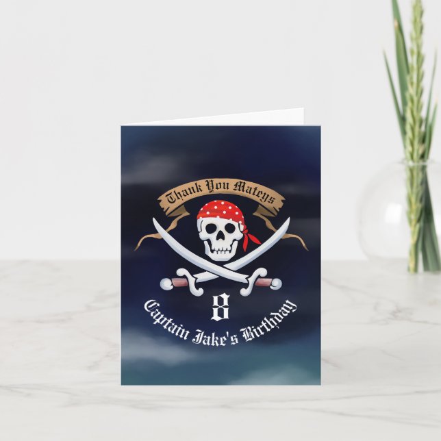 Jolly Roger Pirate Birthday Party Photo Thank You Card (Front)
