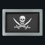 Jolly roger pirate flag belt buckle<br><div class="desc">Easily personalise this fun Jolly Roger pirate skull and crossed swords flag on a black background. You can easily change the background colour from a range of over 200 colours .</div>