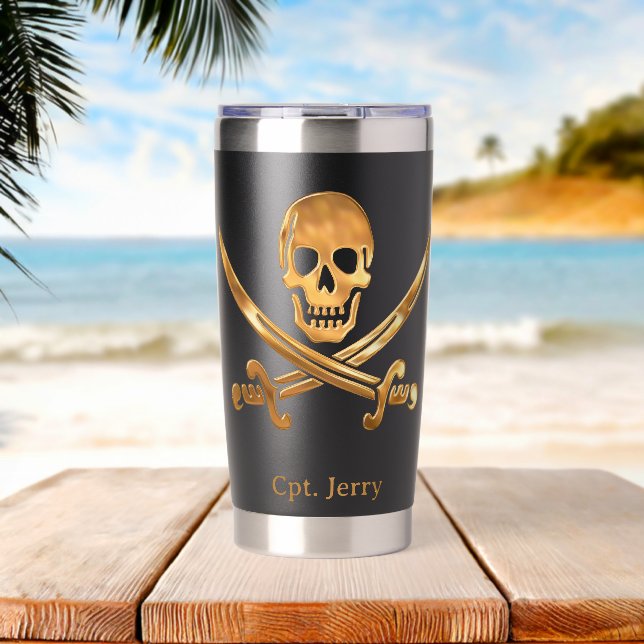 Jolly Roger Pirate Gold Custom Insulated Tumbler (Beach (Rotated))
