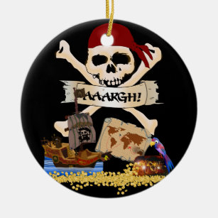 Jolly Roger, Pirate Ship & Pirate's Chest Ceramic Tree Decoration