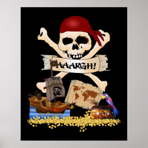 Jolly Roger, Pirate Ship & Pirate's Chest Poster