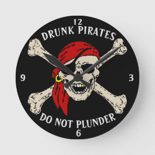 Jolly Roger Pirate Skull Bones Red Bandanna Round Clock