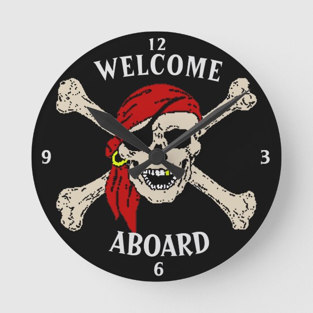 Jolly Roger Pirate Skull Bones Red Bandanna Round  Round Clock (Front)