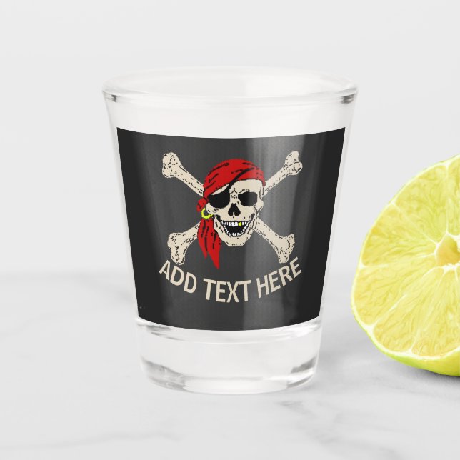 Jolly Roger Pirate Skull Bones Red Bandanna Shot Glass (Front)