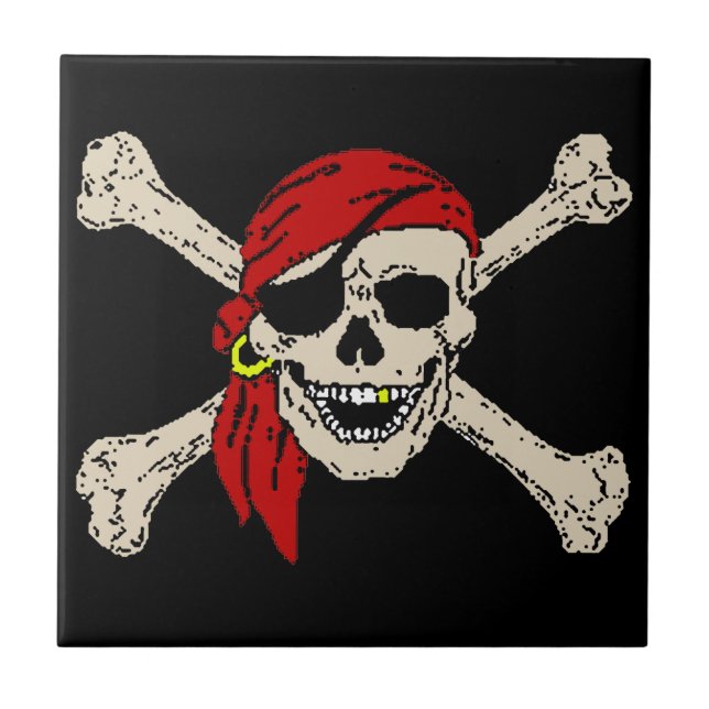 Jolly Roger Pirate Skull Bones Red Bandanna Tile (Front)