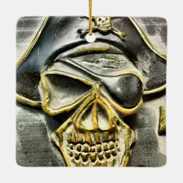 Jolly Roger Pirate Treasure Chest Ceramic Ornament (Back)
