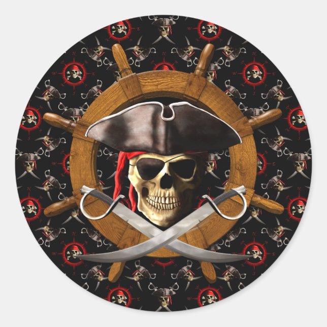 Jolly Roger Pirate Wheel Classic Round Sticker (Front)