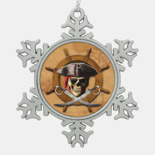 Jolly Roger Pirate Wheel Snowflake Pewter Christmas Ornament