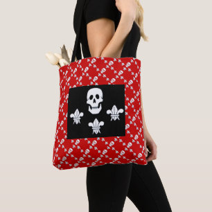 JOLLY ROGER SKULL 3 LILIES RED BLACK PIRATE FLAG TOTE BAG