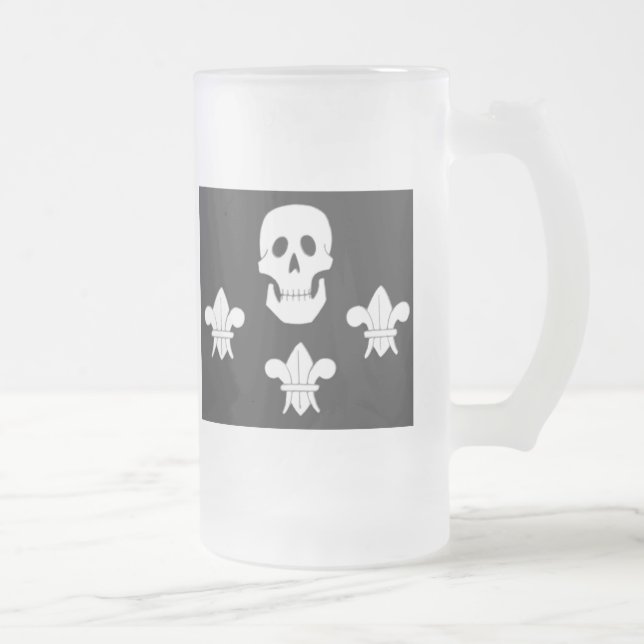 JOLLY ROGER SKULL AND THREE LILIES FLAG FROSTED GLASS BEER MUG (Right)