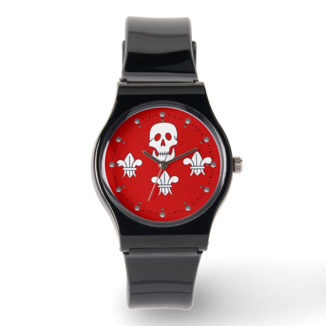 JOLLY ROGER SKULL AND THREE LILIES FLAG,Red Watch (Front)