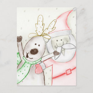 JOLLY SANTA AND REINDEER HOLIDAY POSTCARD