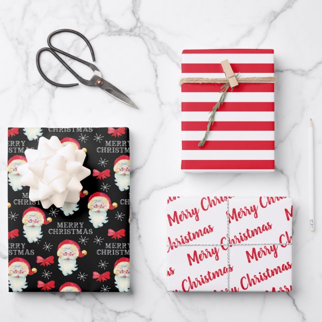 Jolly Santa Claus and Bows Red and Black Christmas Wrapping Paper Sheet (Front)