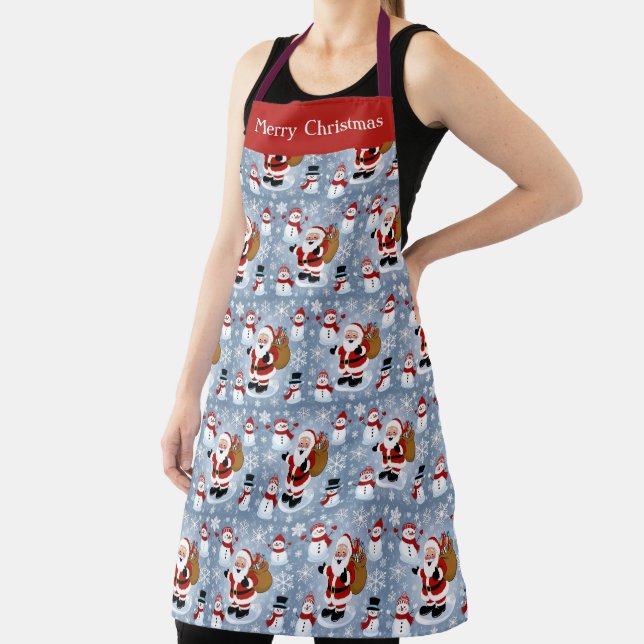 Jolly Santa Claus and Snowmen Christmas Pattern Apron (Insitu)