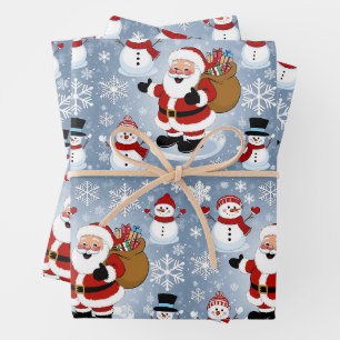 Jolly Santa Claus and Snowmen Christmas Pattern Wrapping Paper Sheet